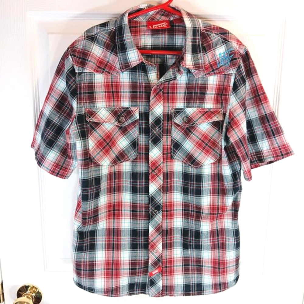 NWOT Vans Boys Short Sleeve Button Down Shirt Black Red Blue White Plaid Size L